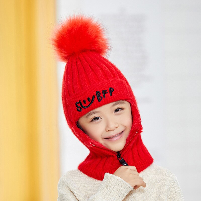 Jodimitty 2 -delige gebreide muts en sjaalset met haarbal en pompon, dikke winterwarme, schattige meisjesletter met smiley en rits: Kind rood