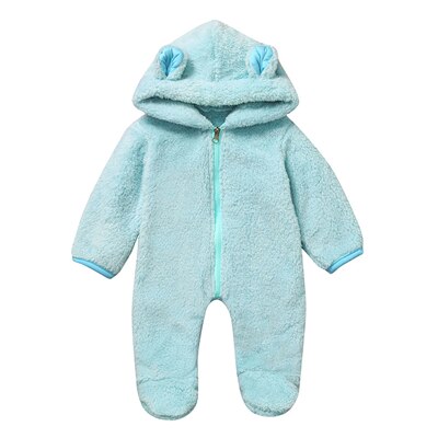 Pasgeborenen Hooded Oren Footies Baby Jongen Meisje Solid Winter Fleece Warm Lange Mouwen Jumpsuit Rits Uitloper Baby Kleding 0-18M A20: Blauw / 12m
