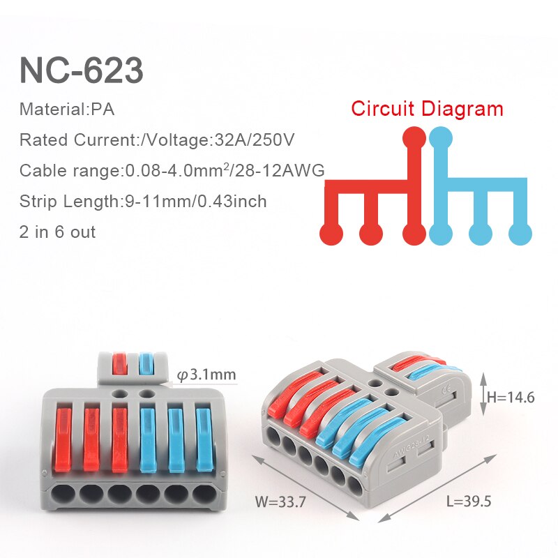 1Pcs Spl Quick Wire Connector Dirigent Bedrading Terminals Voor Thuis Elektrische Led Light Splitter Splicing Connectors: NC-623