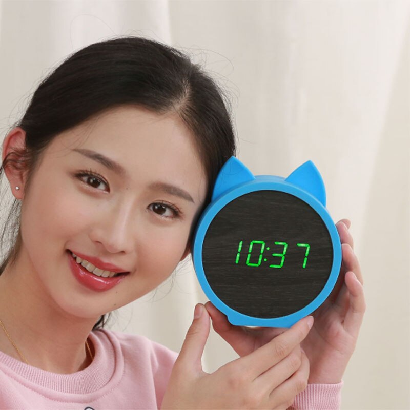 LED Wooden Silent Alarm Clocks Kids Clock Cute Cat Silicone Electronic Wooden Table Clock Cartoon Calendar Perfection