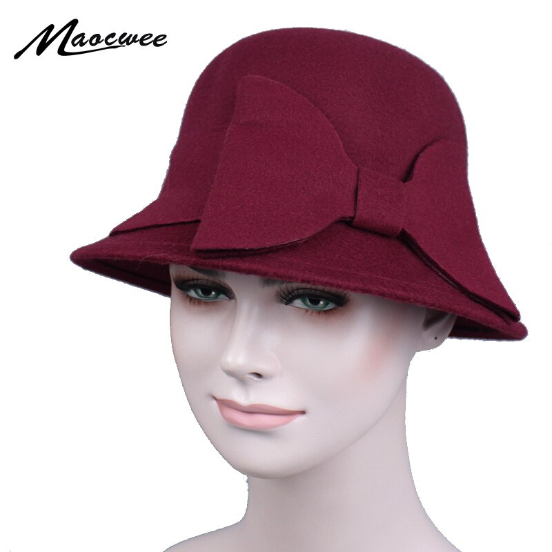 Merk retro dames dames fedora's top jazz hoed winter herfst pet katoen imitatie wollen bolhoeden ronde strik petten