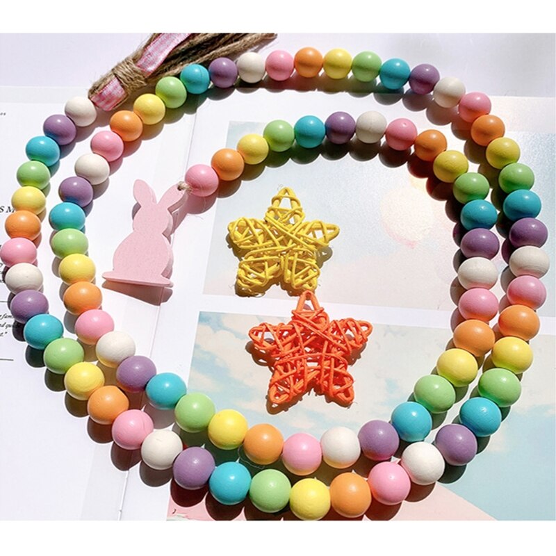 Nordic Easter Wood Bead Garland with Tassels Farmhouse Beads Rustic Country Decor Kid Room Wall Hanging Ornament Home Decor