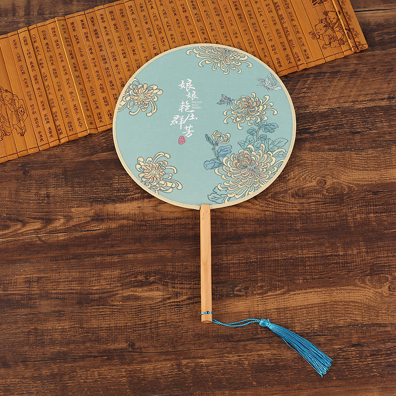 Vintage Round Fan Long Handle Tassel Dancing Hanfu Circular Fan Ancient Chinese Style Classical Printed Court Round Fan Wedding: 11