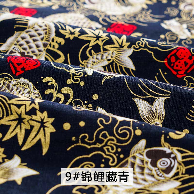 Tissu en coton bleu foncé imprimé Bronze tissu à motif de fleurs de Style japonais pour Kimono Cheongsam et bricolage sac TJ8692-2: 9 / 45x145cm (0.5 yards)