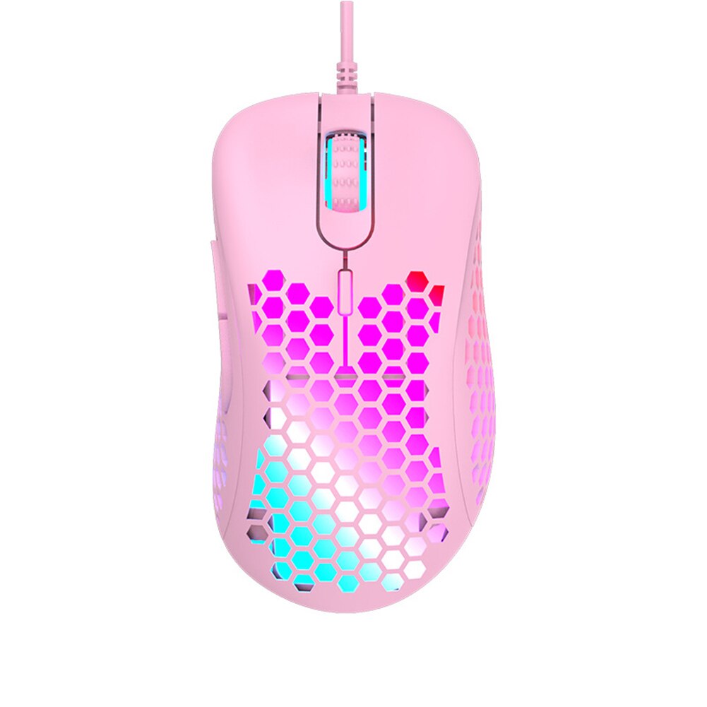 M65 USB Wired Gaming Mouse 6 Button 2400DPI Adjustable RGB Backlit Optical Mouse Lightweight Honeycomb Shell Gamer Mice: Pink