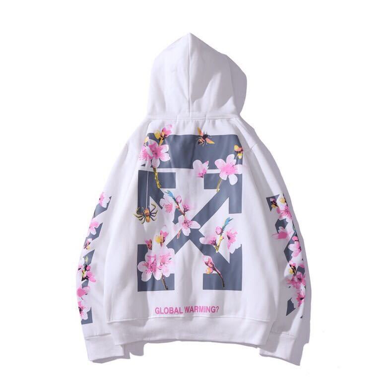 Hip Hop High Street Hoodie Men Sweatshirt Peach Flowers Print Hooded Fleece Harajuku White Pullover Couple Oversized Hoodie: White / L