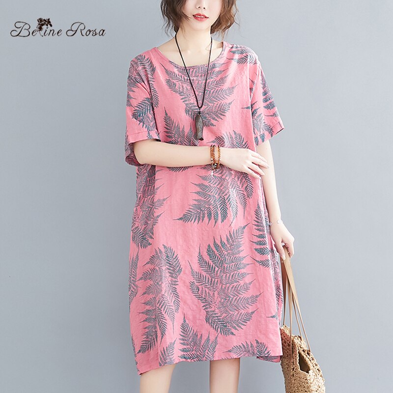 BelineRosa-vestido holgado de lino y algodón para mujer, ropa de talla grande para vacaciones en Hawai, BSDM03437,