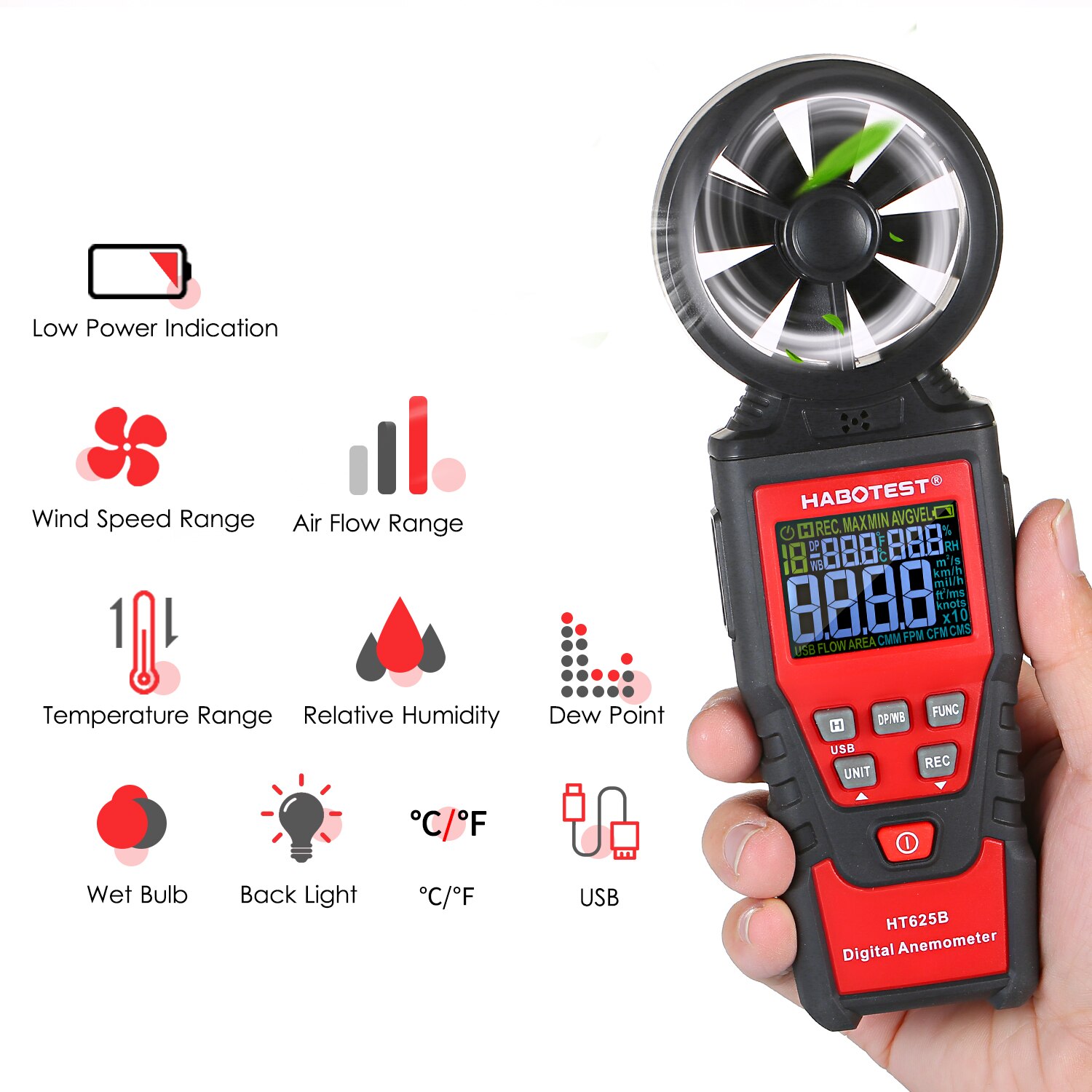 HABOTEST HT625A Digitale Anemometer Wind Meter Gauge Air Flow Meter voor Meten Wind Air Volume MAX/MIN /AVG