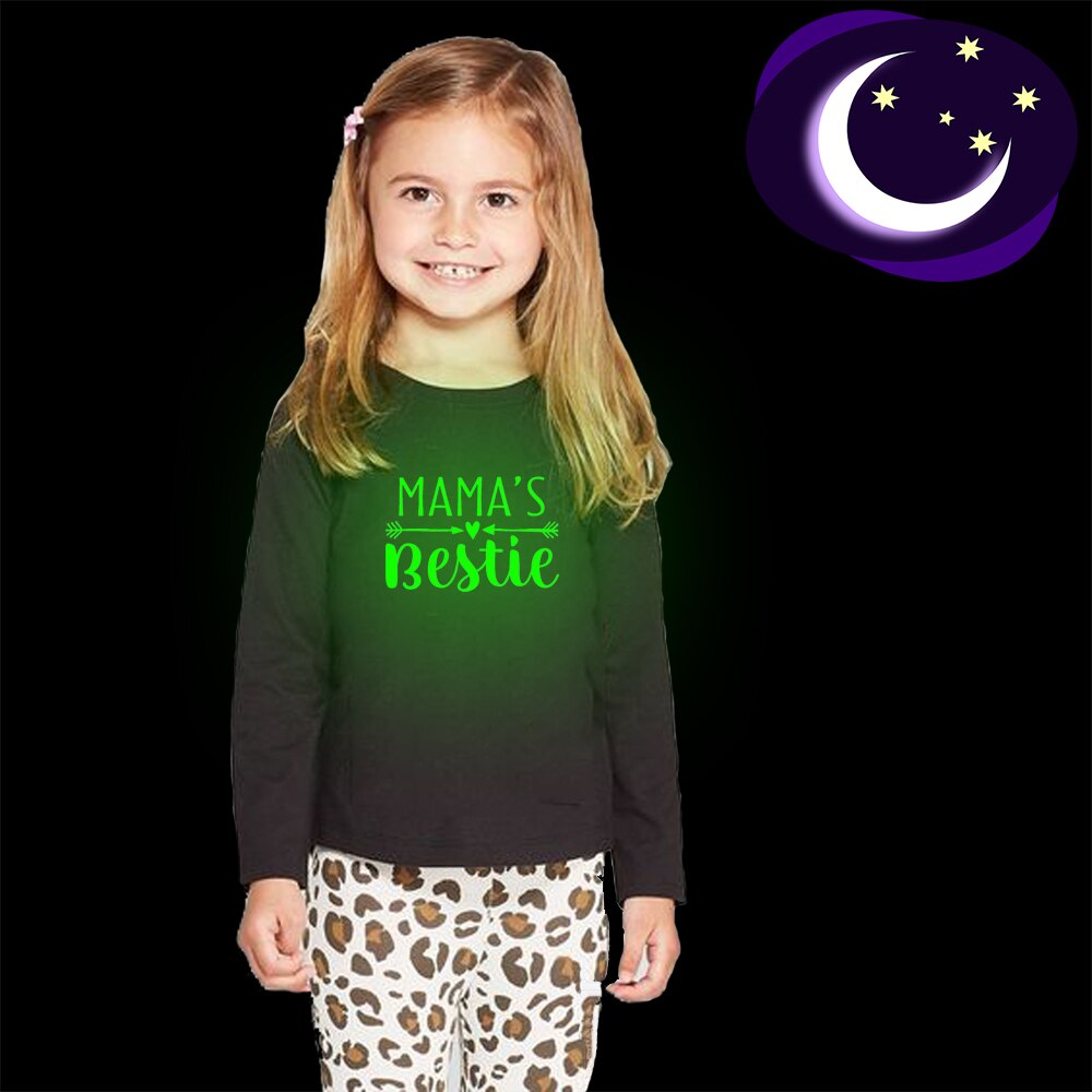 Mãe bestie impressão luminosa crianças tshirt da criança meninas engraçado de manga comprida brilho no escuro camiseta casual menina noctilucent t camisa