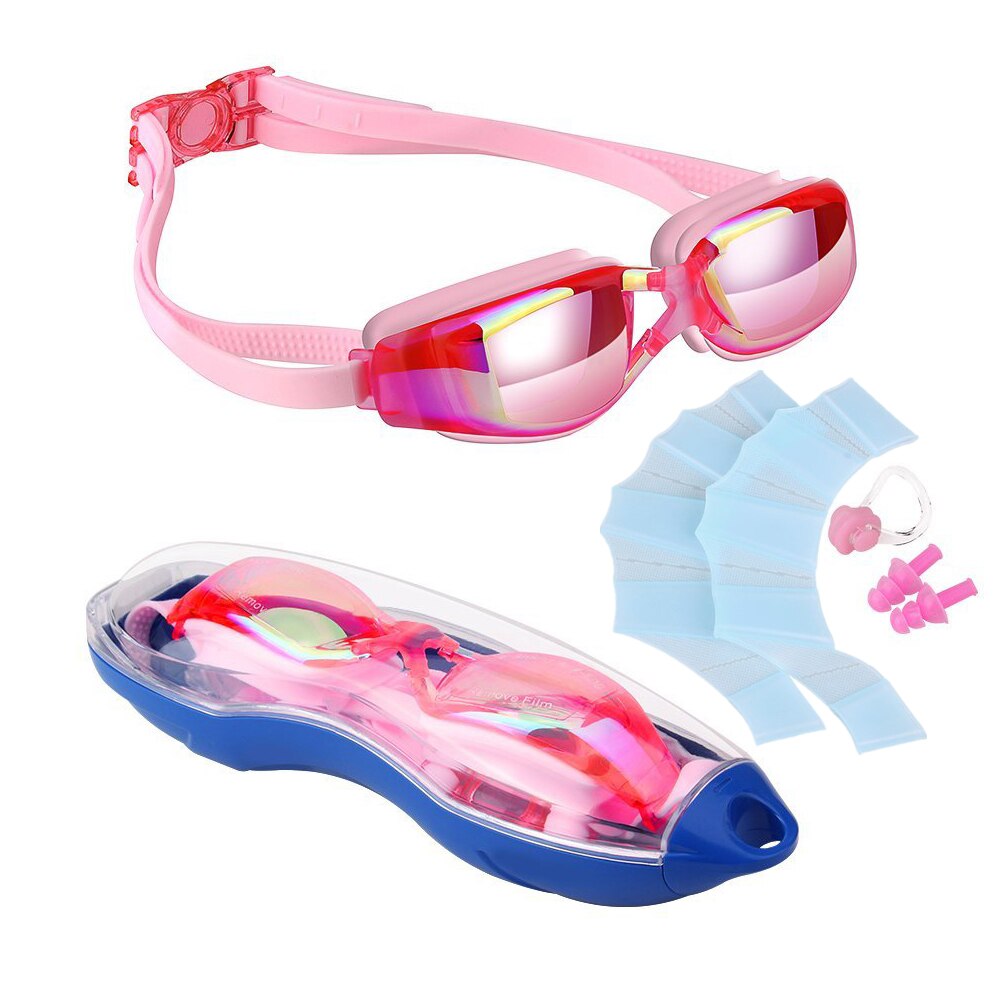 Kids Zwembril + Zwemvliezen handschoenen + Case + Neus + Oordoppen Set HD anti-condens Uv-bescherming Swim Bril op zwembad: Roze