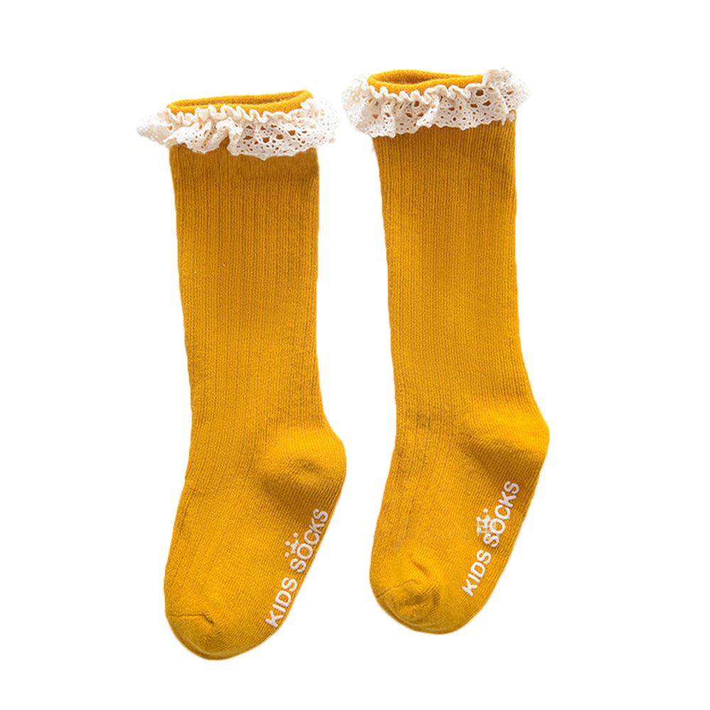 Baby Meisjes Sokken Peuters Meisjes Grote Boog Knie Hoge Lange Zachte Katoenen Kant Babysokjes Strik 100% Katoen sokken: Lace yellow / M   2-4T