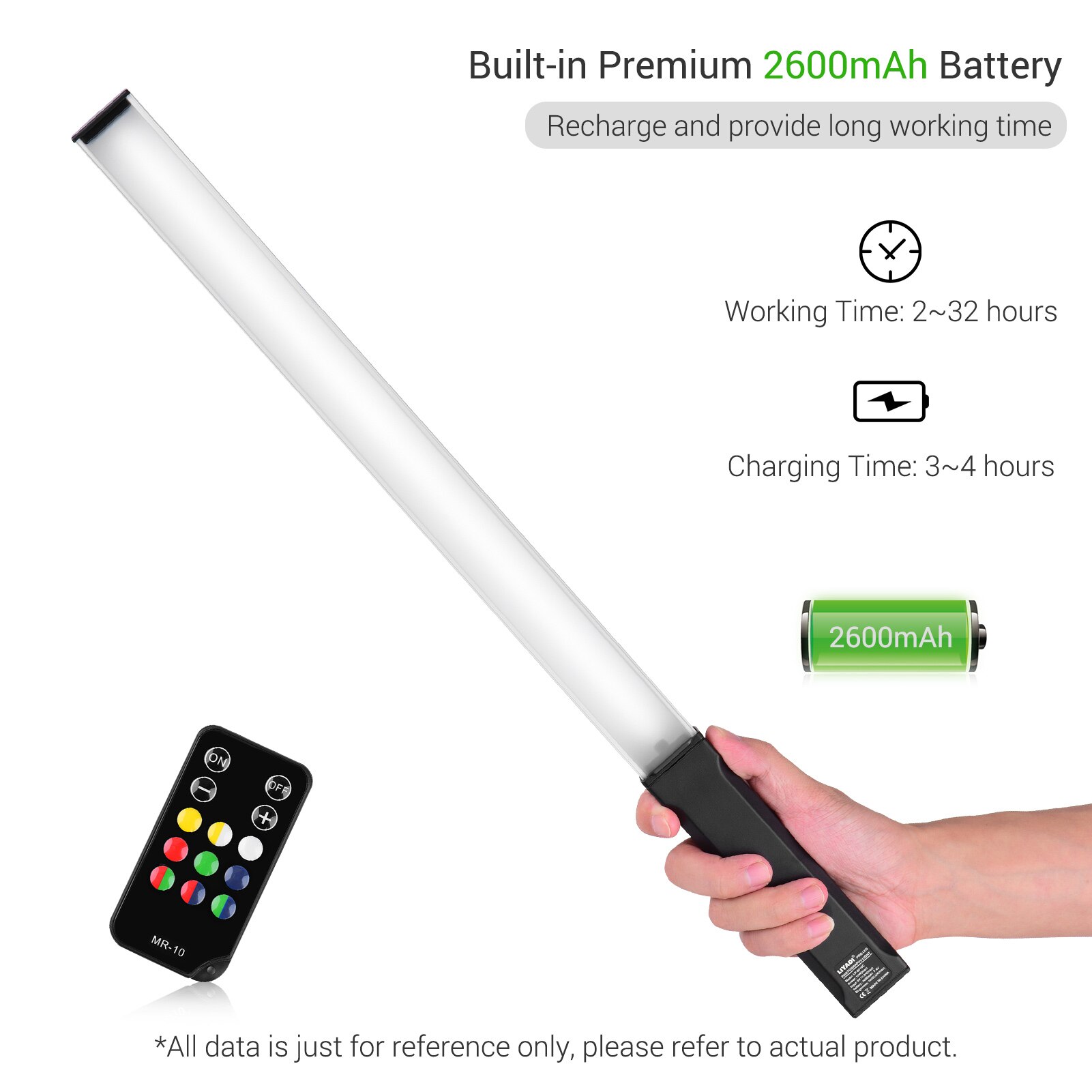 RGB Handheld LED Light Wand Rechargeable Photography Light Stick 10 Lighting Modes 12 Brightness Levels 1000 Lumens 3200-5600K