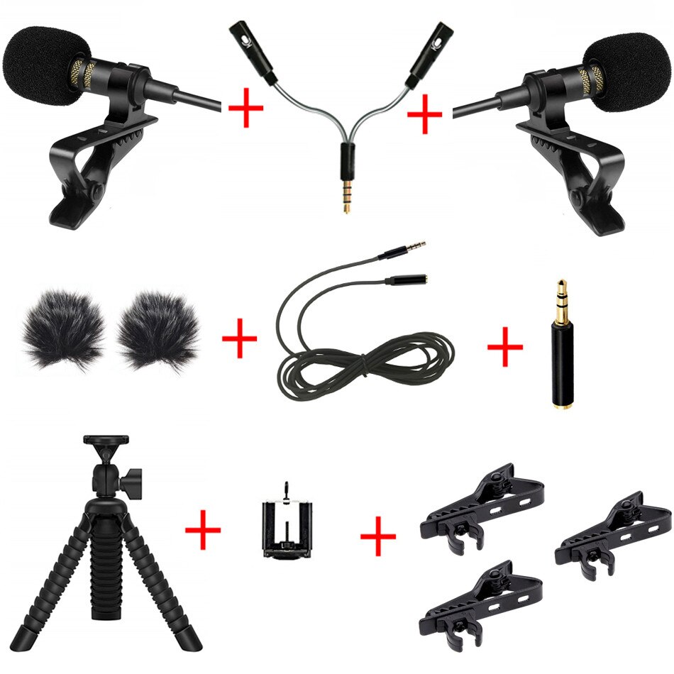 Mini USB Microphone Lapel Lavalier Mic For Phone PC Camera External Cable Mic Splitter Adapter Furry Windscreen Accessories: 2 Micphone Set A