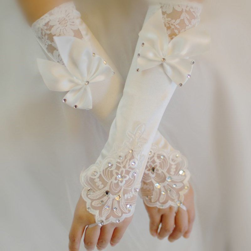 Kvinner brude lange hansker fingerløse floral blonder patchwork votter glitter rhinestone stor sløyfe albuelengde krok fingervarmer