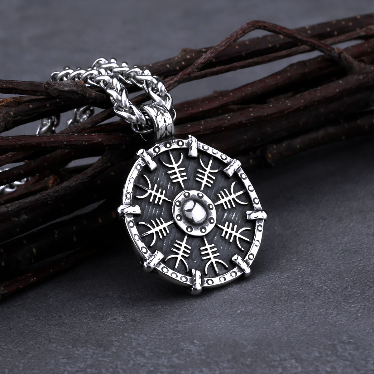 Rvs Viking Rune Kompas Ketting Voor Mannen Vintage Awe Van Helm Beschermende Amulet Hanger Ketting Charme Sieraden: Plating Pistool