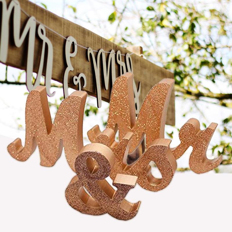 3 piezas de brillo romántico MR MRS letras decorativas signos boda foto Prop Set tablero de abedul + Accesorios de boda de madera contrachapada