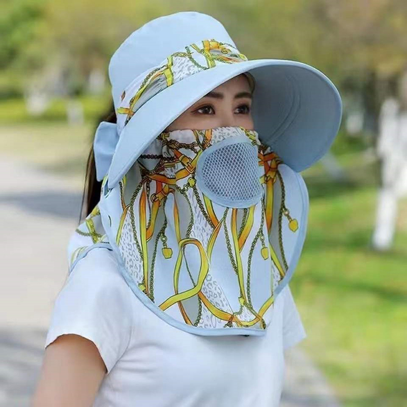 Sommer Frauen breite Krempe Gartenarbeit Schatten Hut Gesichts maske abnehmbare Sonnenhut Outdoor-Druck atmungsaktive Fischer Hut UV-Schutz: WHITE