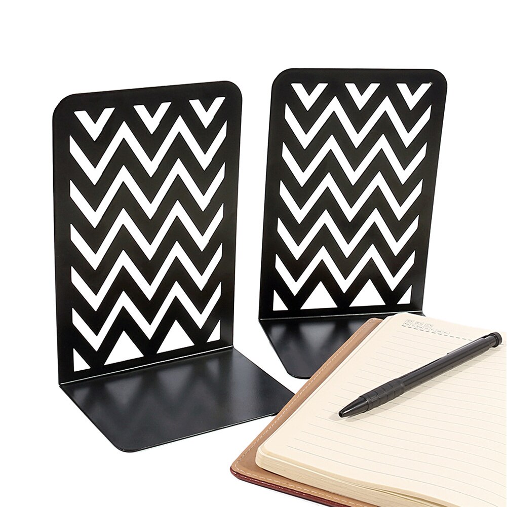 2pcs Black Home Office Desktop Decor Organizer Stainless Steel Bookend Practical For Students Non Skid Wave Shape Stationery