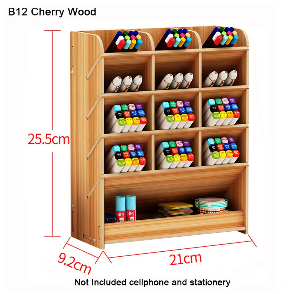 1PC Multi-Functional DIY Wooden Versatile Compartment Desk Organizer Pencil Holder Office School Desktop Storage Box with Drawer: B12 cherry wood