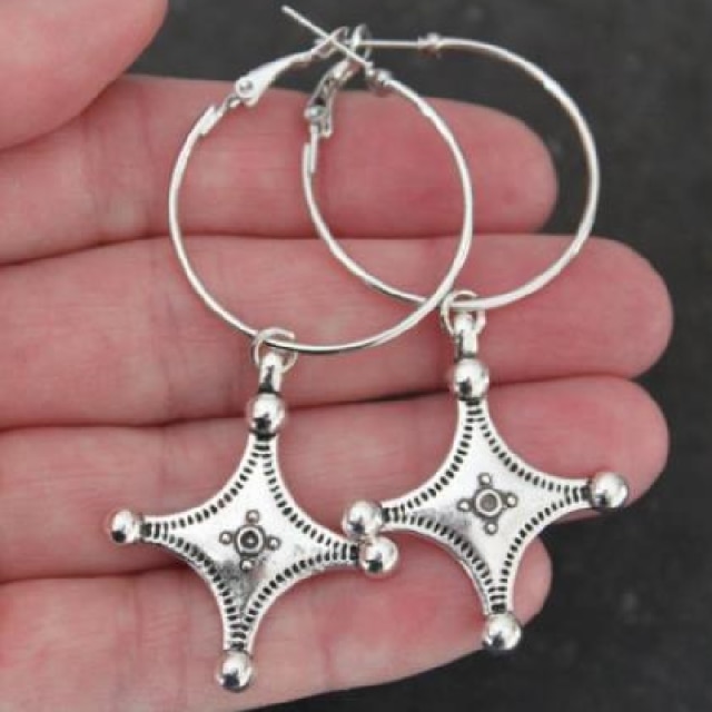 1 Paar Marokkaanse Berber Cross Tuareg Symbool Opknoping Oorbellen, Marokkaanse Geïnspireerd Oorbellen, Opknoping Kopie Elements Bohemian Oorbellen: Silver Plated