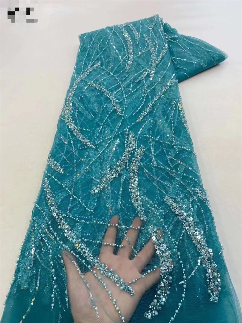 Luxe 3D Kant Stof 5Yards Dubai Hand Kralen Tule Kant Stof Geborduurde Pailletten Afrikaanse Nigeriaanse Stof Voor Naaien: green