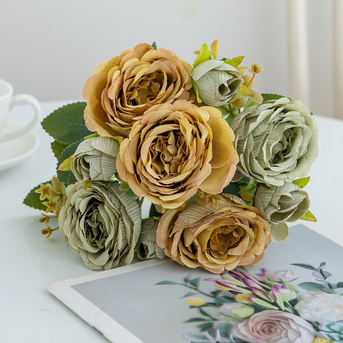 Konstgjord blomma växt pion gör-det-själv jul hem festival fest utomhus trädgård bågdekor bröllop brudbukett: Ljusgrå