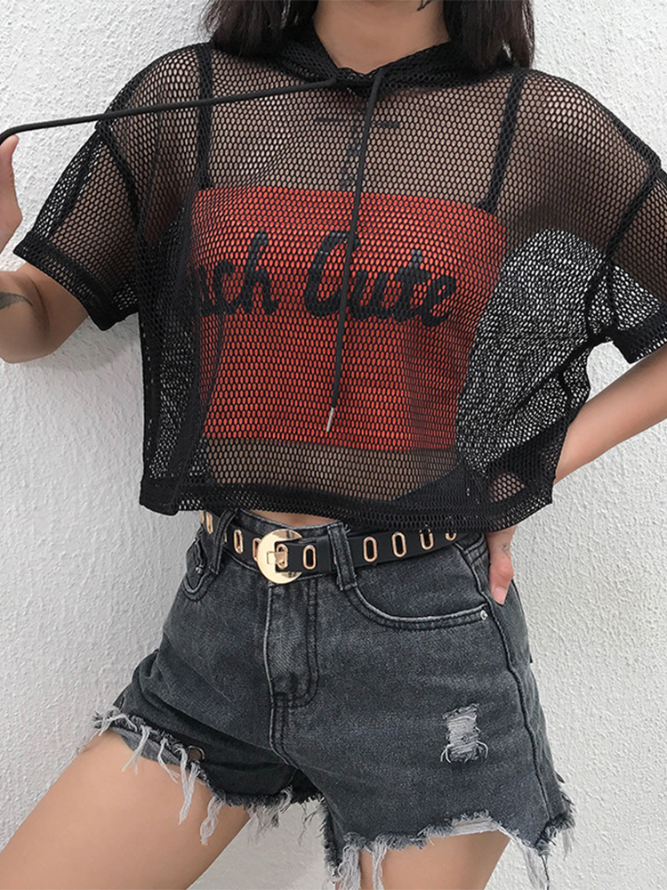 T-Shirt à Capuche en Maille Creuse pour Femme, Manches Courtes, Noir, Transparent, Swxy, Wlwear, ix: S / Black
