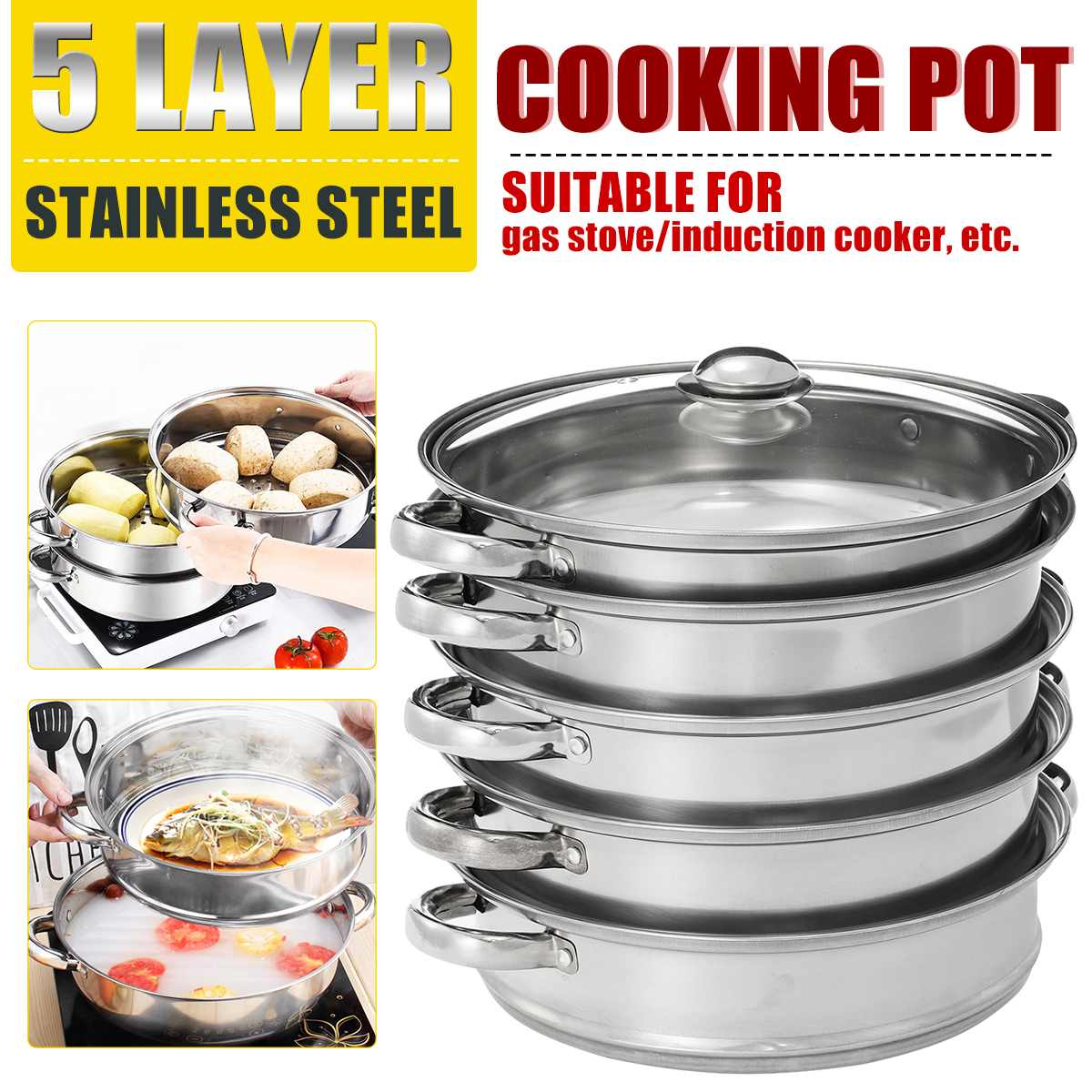 Rvs 5 Lagen Dikke Steamer Pot Soep Stoom Pot Universele Kookpotten Voor Inductie Kookplaat Gasfornuis Stoom Pot