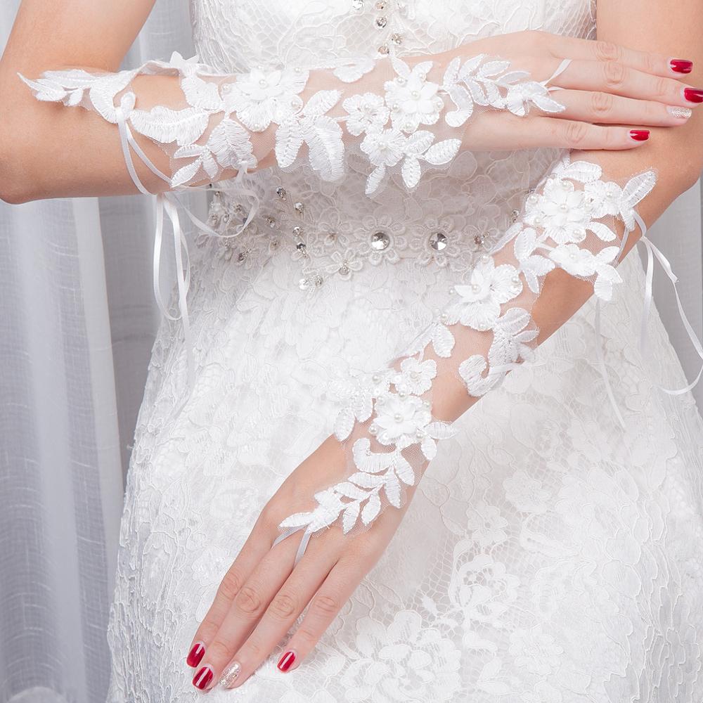 JaneVini White Long Wedding Gloves Fingerless Lace Appliques Pearls Opera Length Gloves Bridal Wedding Accessories