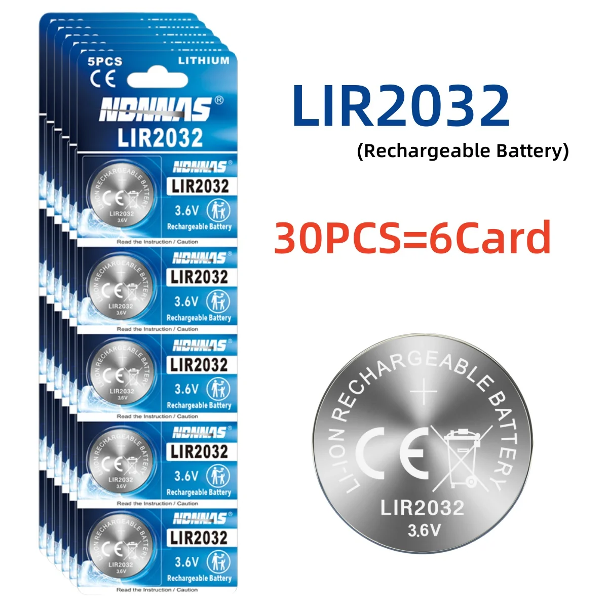 Bateria recarregável LIR2032, 20-50 peças, célula de lítio tipo moeda, pode substituir CR2032 para relógio: BRANCO