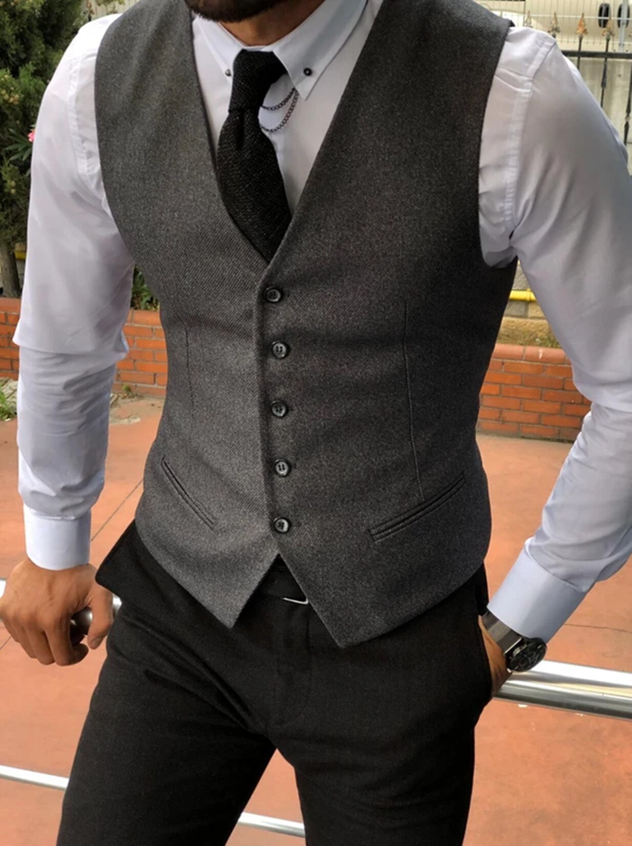 Men's 5 Button Herringbone Tweed Suit Vest Formal Groom's Wear Suit for Wedding Waistcoat