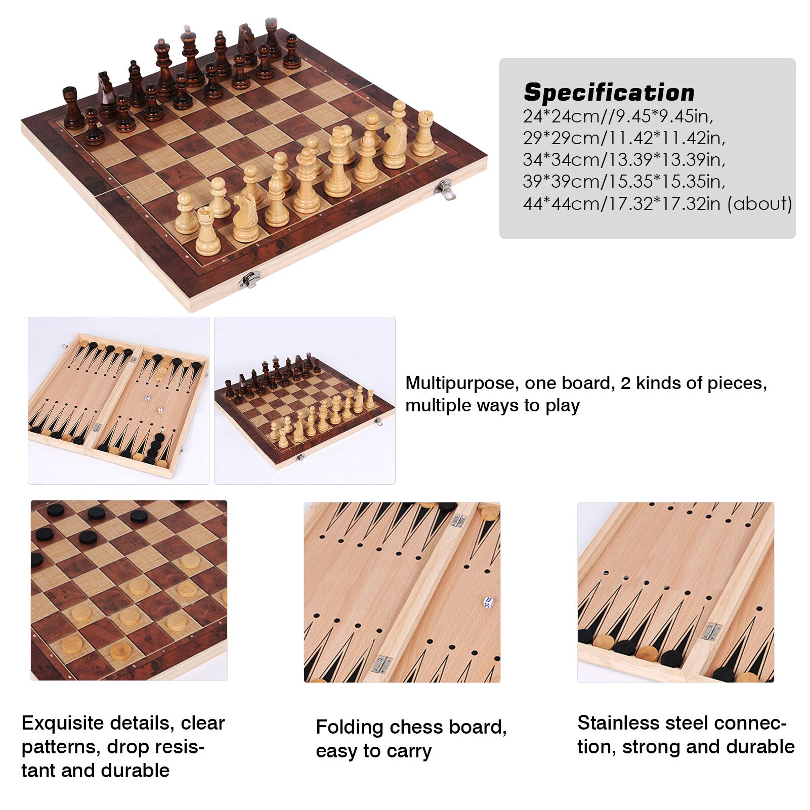 3 in 1 Chess Set Wooden Chess Game Backgammon Checkers Indoor Travel Chess Wooden Folding Chessboard Chess Pieces Chessman