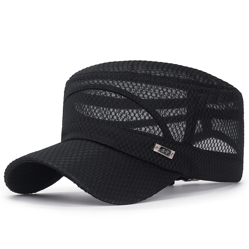 Unisex zomer platte pet dames heren ademend mesh hoed effen kleur buiten vissen sport zonnehoed casual zonnebrandcrème petten hoofdbedekking: Zwart