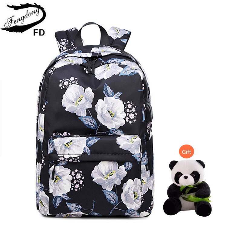 Fengdong delle ragazze sacchetti di scuola dei bambini di scuola dello zaino regalo del bambino fiore nero zaino impermeabile zaini per le ragazze adolescenti