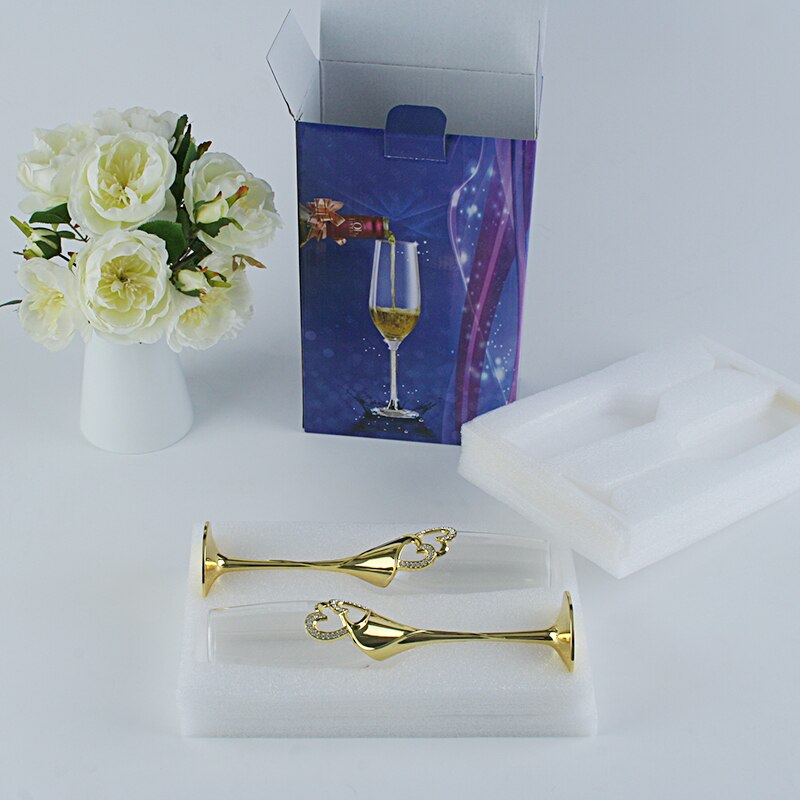 2 Stks/set Crystal Wedding Roosteren Champagne Fluiten Glazen Drink Cup Party Huwelijk Wijn Decoratie Cups Voor Partijen Geschenkdoos: 2pcs Gold package