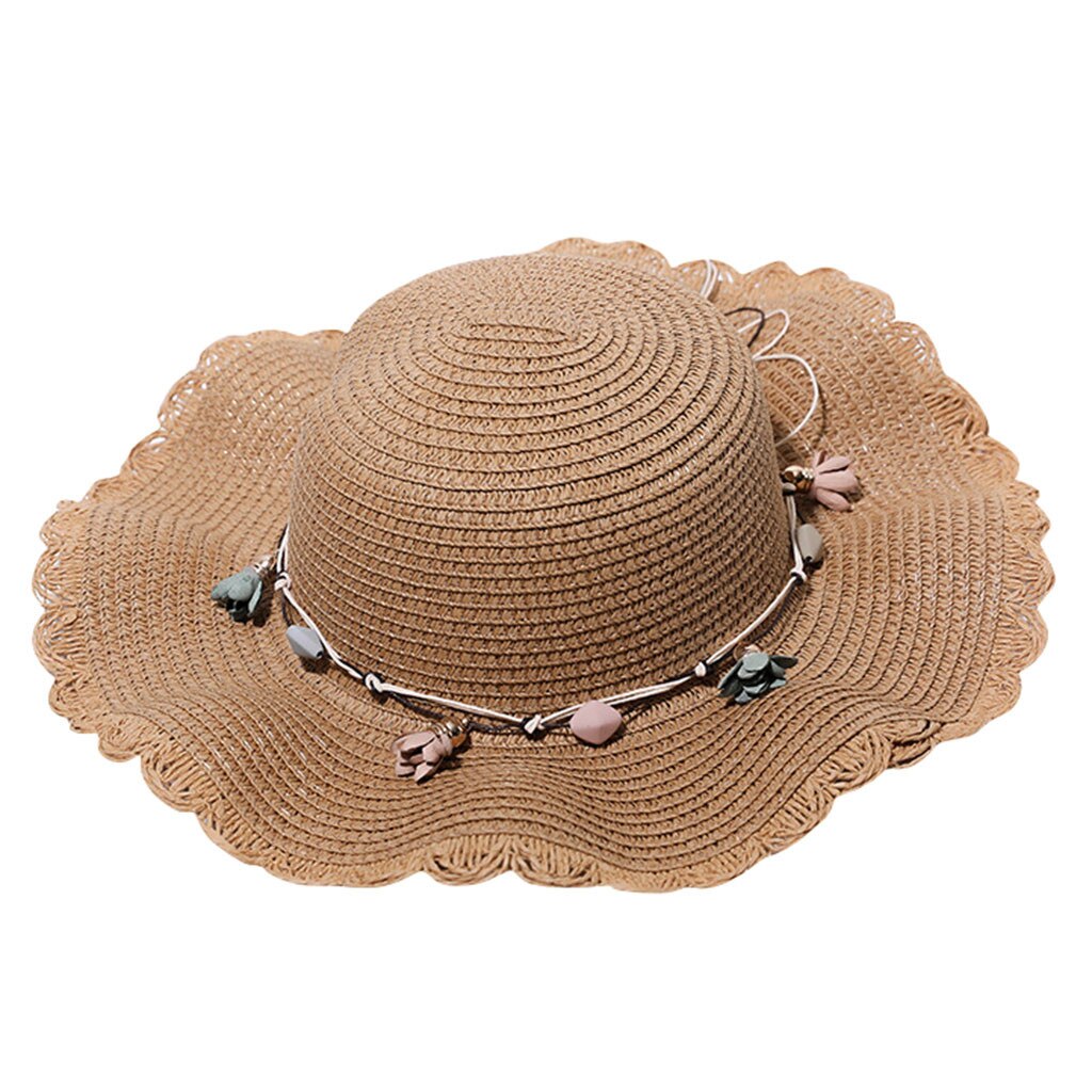 Summer Sun Hat Women Flower Straw Hat Big Wide Brim Solid Hat Sea Beach Sun Hat Floppy Hat Classic Beach Cap Flower Hat: Khaki