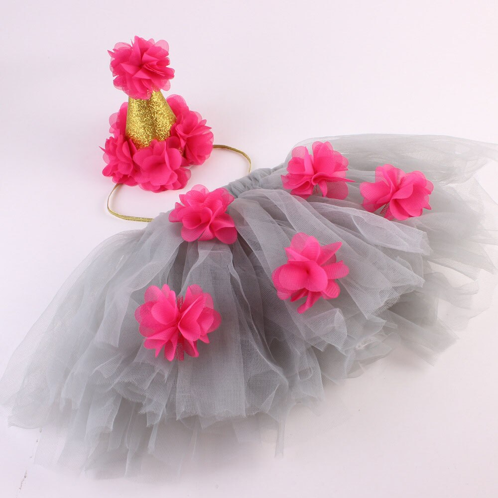 Newborn Baby Girl Tulle Skirt Mesh Fluffy Tutu Skirt With Flowers Decoration+ Princess Crown Headband 2pcs Outfit Photo Costumes: Gray