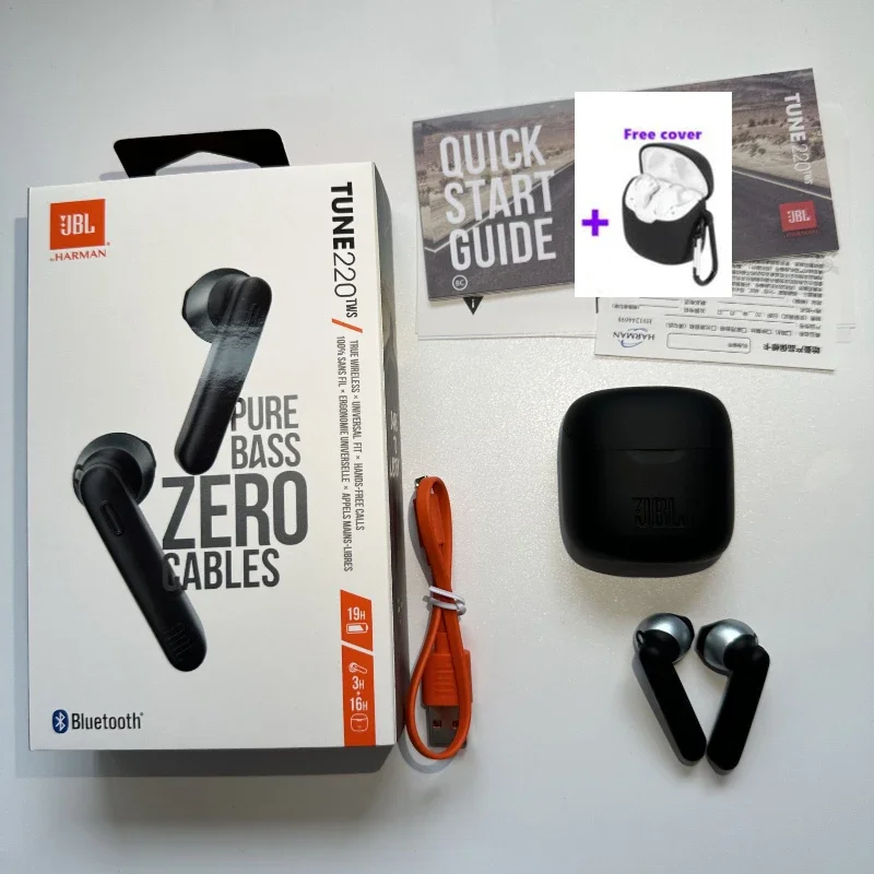 100% Original JBL Tune 220TWS Bluetooth écouteurs sans fil écouteurs avec micro stéréo JBL T220 TWS casque de sport avec couverture gratuite: Black