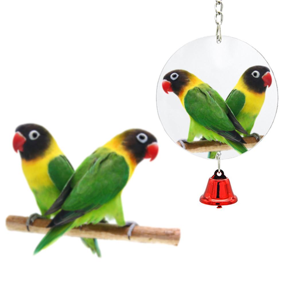 Campana para loro, juguete para mascotas, espejo con pájaro, juguete columpio para jaula de pájaros, juguete rectangular redondo con forma de corazón opcional con cascabel de Color aleatorio
