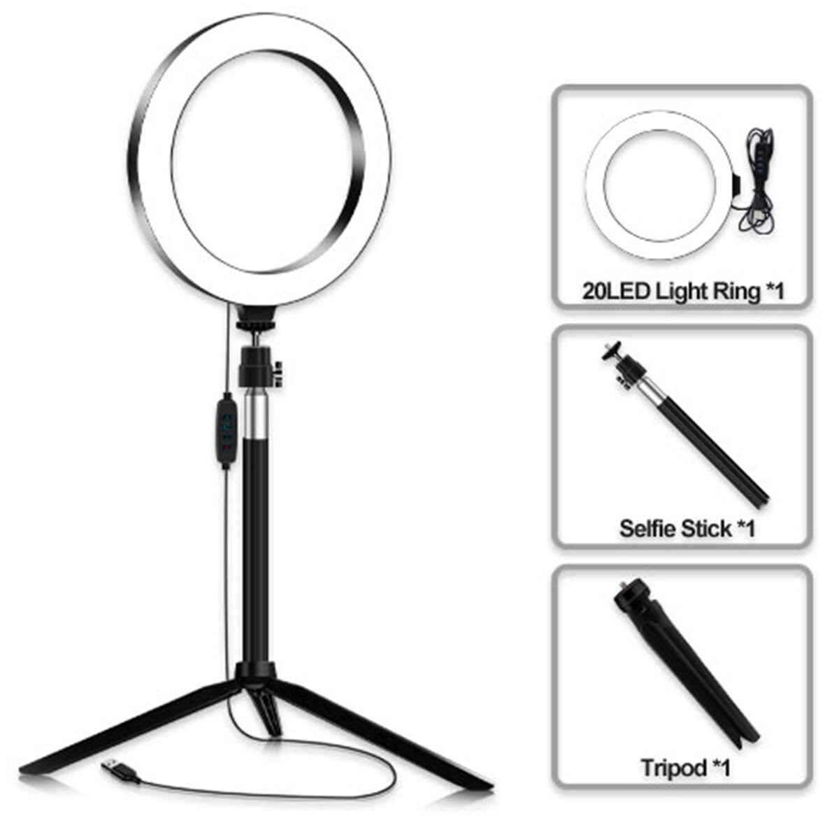 7.9 Inch LED Ring Light Dimmable Ring Light 3In1/5in1 USB LED Ring Lights 3200K With Tripod: White