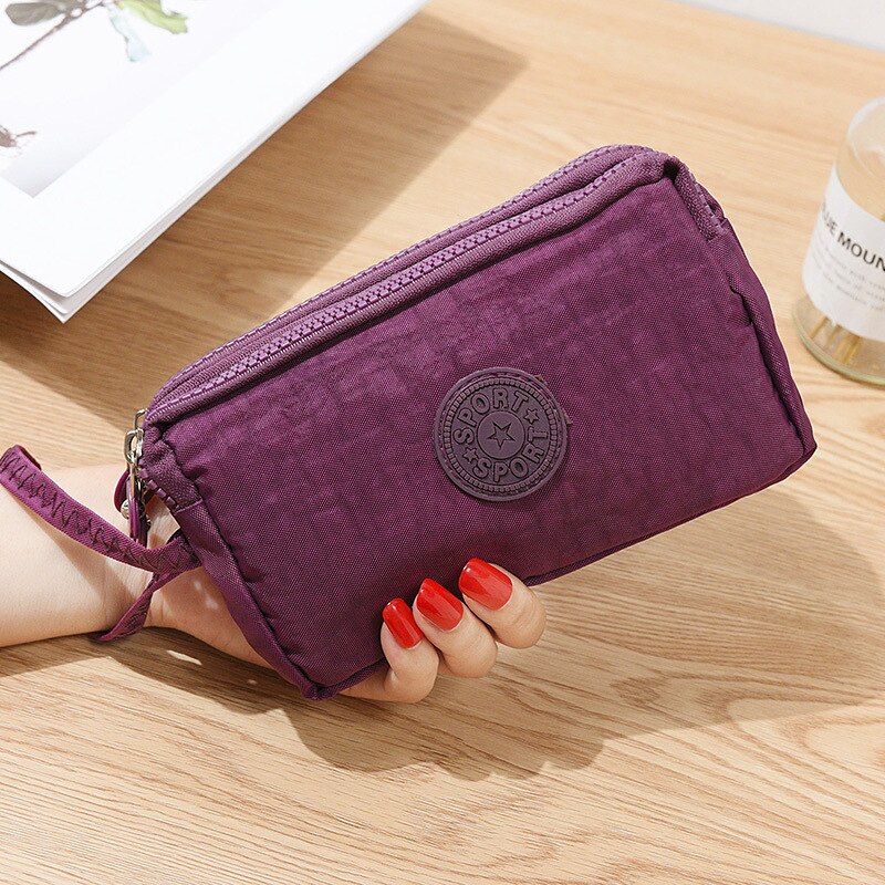 Três zíper feminino bonito moeda bolsa de embreagem para chaves cartões de dinheiro telefone carteiras senhora organizador bolsa grande capacidade meninas bolsas: purple