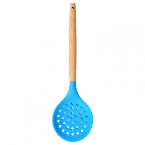 Wooden Handle Non-Stick Kitchen Silicone Strainer Spoon Skimmer Strainer Filter Baking Cooking Serving Utensils Set cocina: Blue