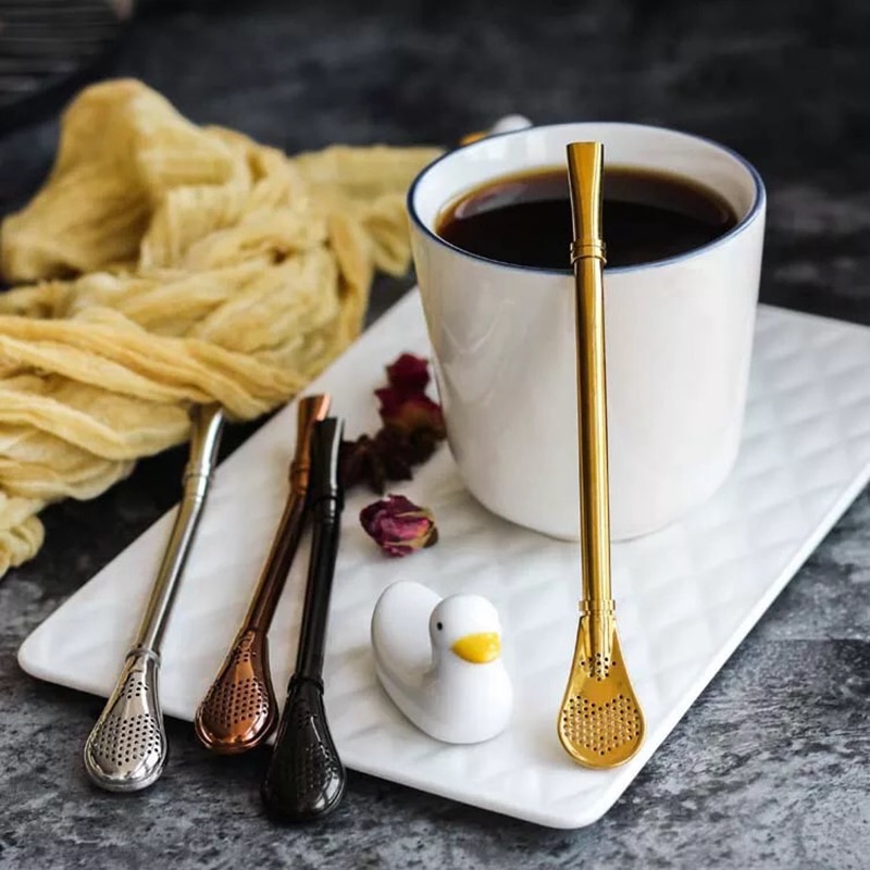 2 in 1 Coffee Straw spoon Stainless filter Spoon Teaspoon Dessert Snack Scoop Ice Cream Mini Spoons Tableware