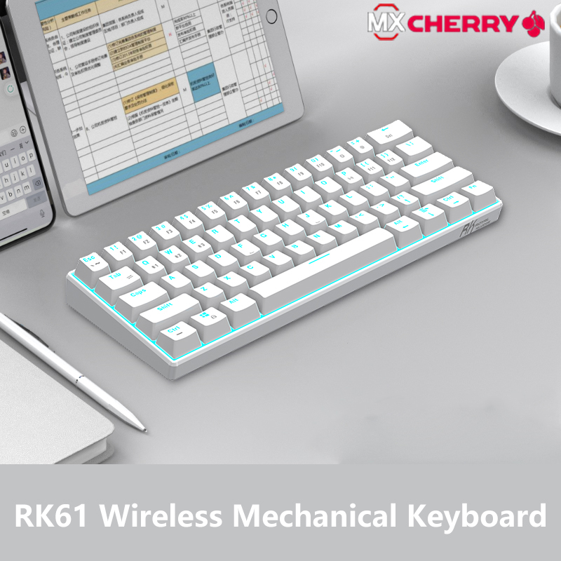 RK61 bezprzewodowa klawiatura mechaniczna klawiatura wymienna na gorąco na PC Bluetooth5.0/2.4Ghz/przewodowa klawiatura do gier tri-mode 61 klawiszy RGB: White-Blue Light / Czerwony Przełącznik