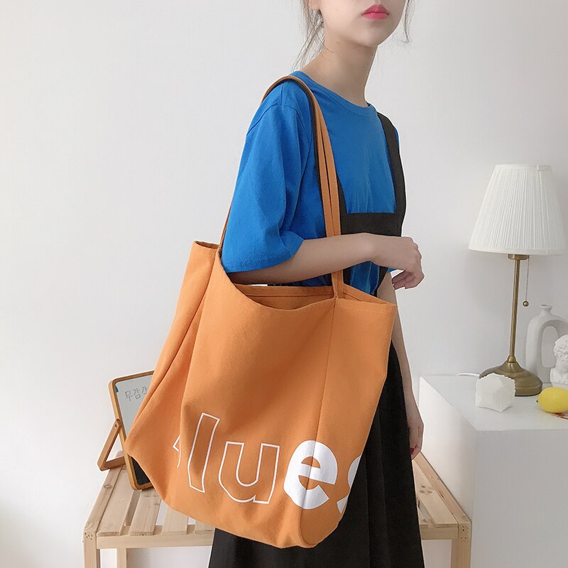 Women Canvas Alphabet Shoulder Bag Large Capacity Simple Totes Female Casual Cotton Cloth Handbags Girls Shopping School Bags: Orange