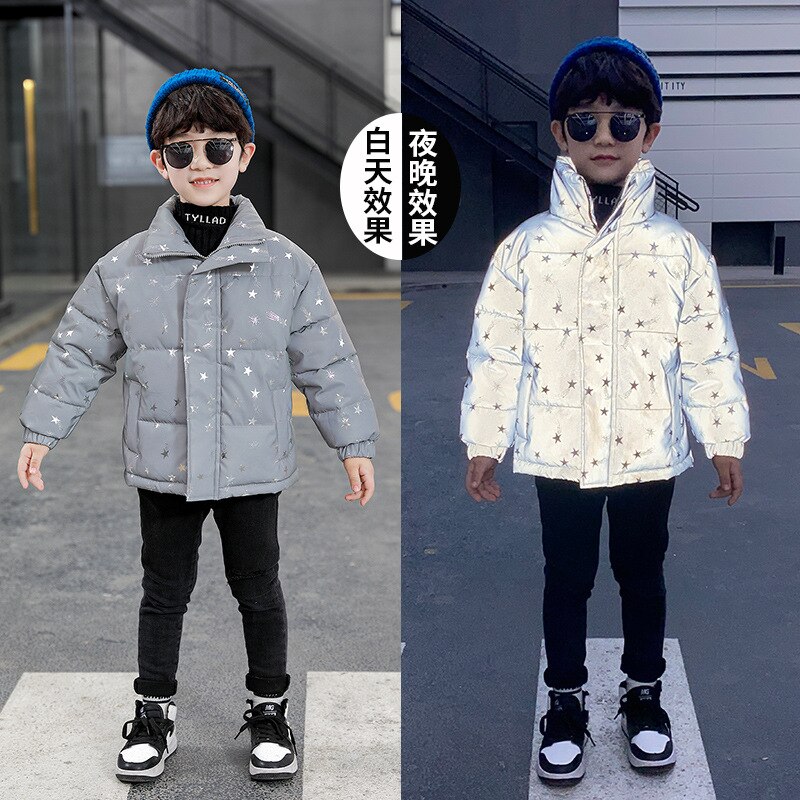 Moda per bambini giacca imbottita in cotone riflettente per bambini ragazzi stampa di tendenza capispalla imbottita tuta da snowboard per cappotto corto caldo spesso per adolescenti