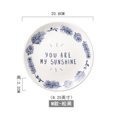 Blå og hvid keramisk salattallerken frugtbøf tallerken porcelænsservice rund western madbakke dessertretter: 11