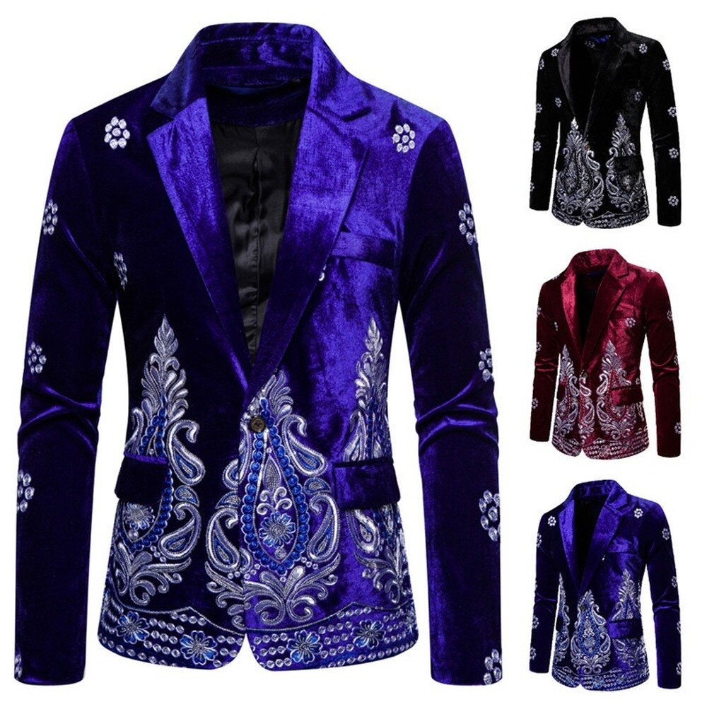 Herrbroderi sammet kavaj kavaj kavaj slim fit lyxrockar ytterkläder företag 3 färger