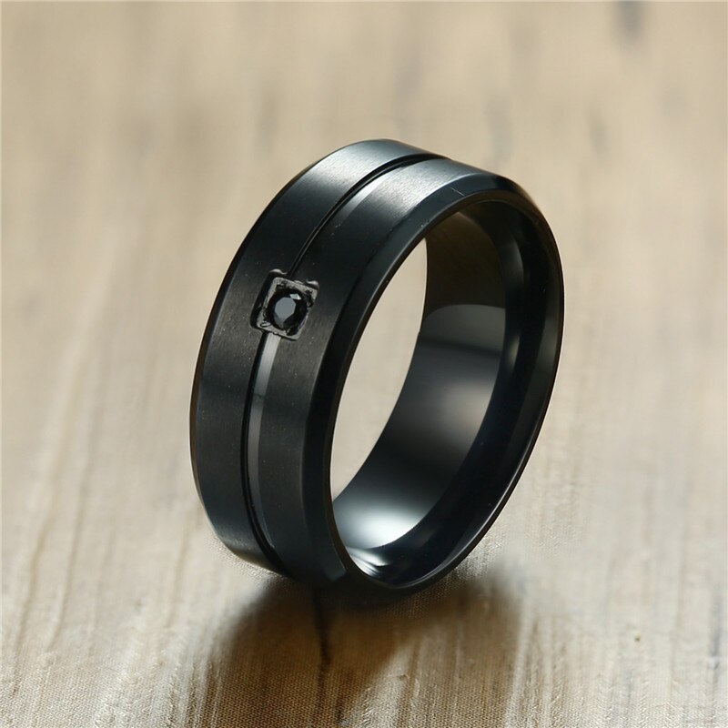 Kotik 8Mm Black Wedding Band Roestvrij Staal En Vierkante Bezel Cz Gegroefde Inlay Mannen Ring Comfort Fit Afgeschuinde Mannelijke sieraden: 11