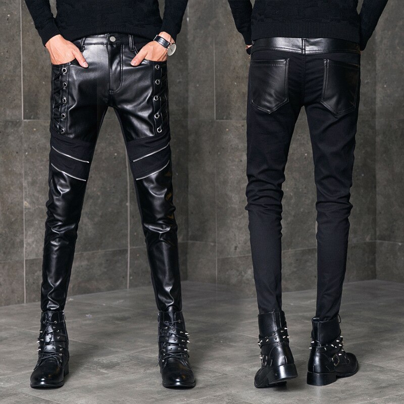 Fashionable Men's Pants Faux Leather Slim Patchwork Casual Man Pants 28-36 Male Pu Leather Trousers